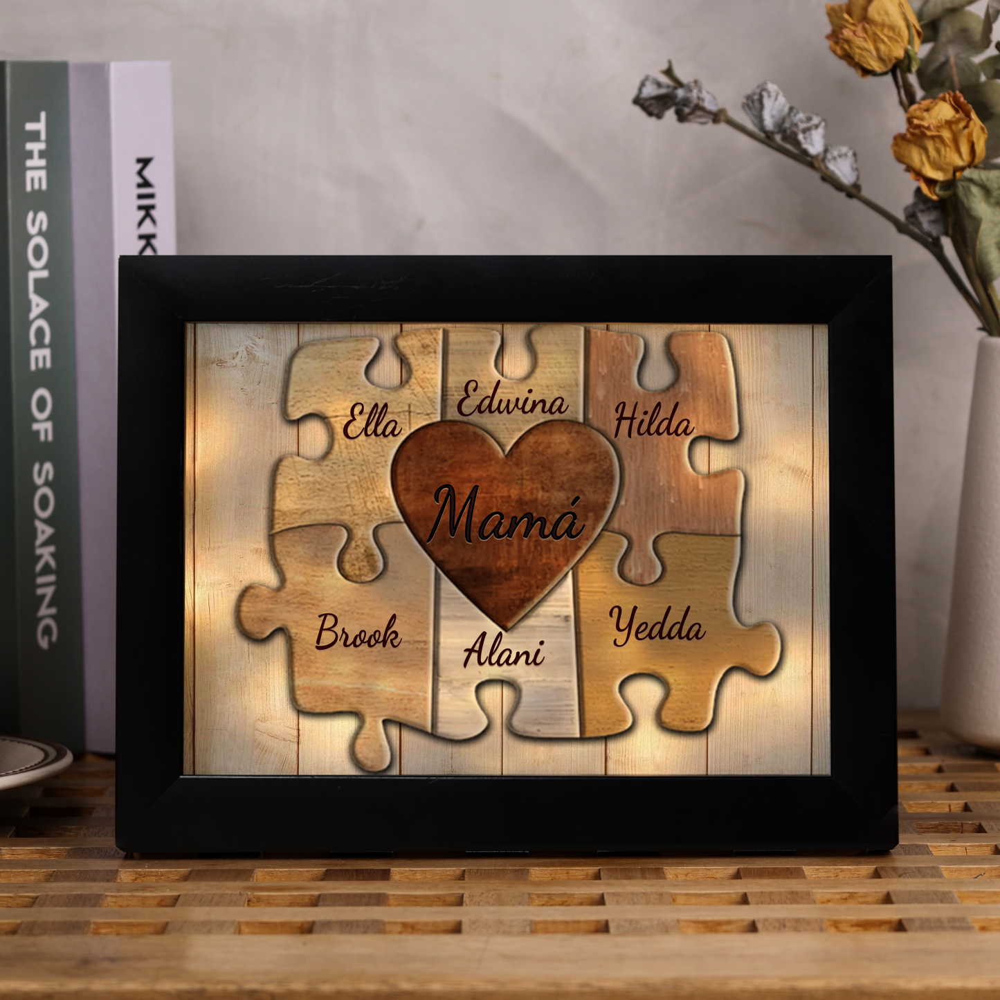 A mi mamá-Marco de 3-9 nombres personalizados rompecabezas de plástico con lámpara-Jessemade ES