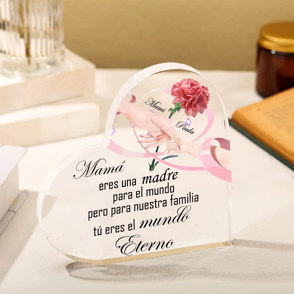 A mi mamá-Placa de acrílico en forma de corazón manos cogidas y frases amorosos 2 nombres personalizados-Jessemade ES