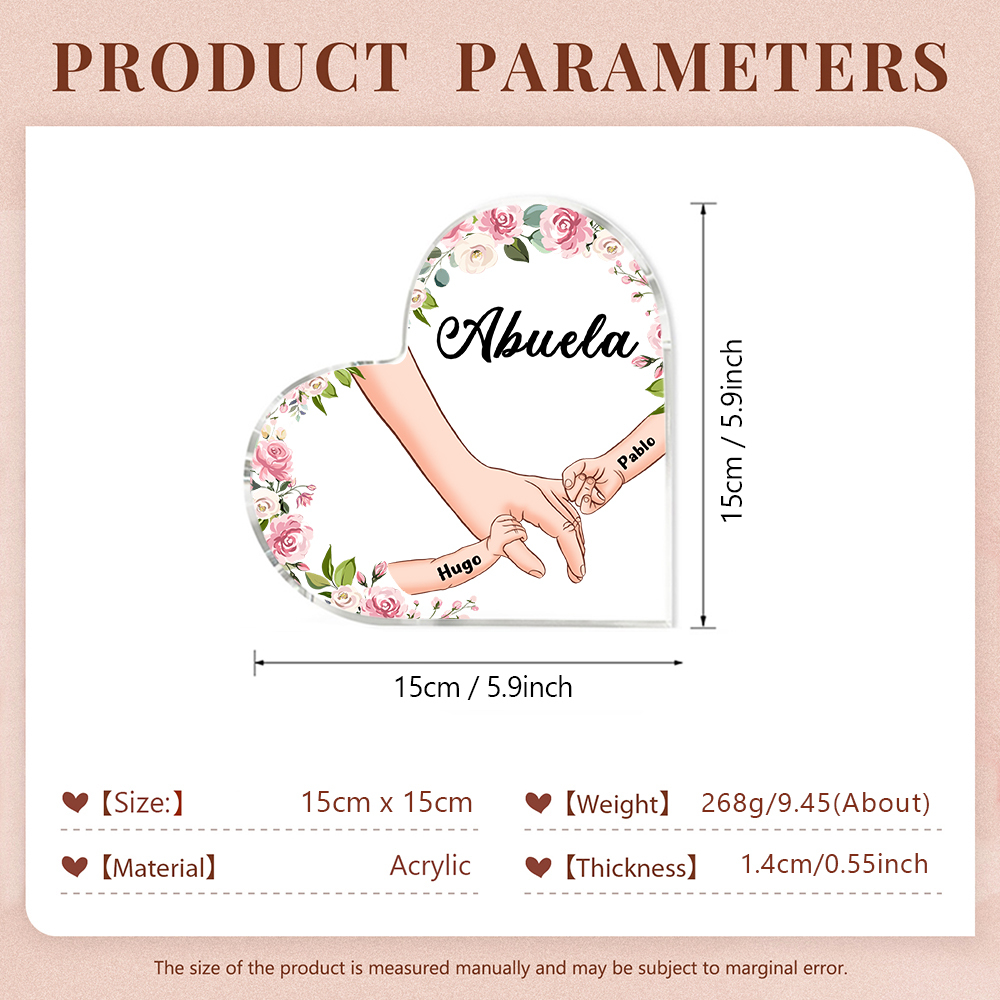 A mi mamá/abuela-Placa de acrílico en forma de corazón mano a mano con 1 texto y 2 nombres personalizados | Jessemade