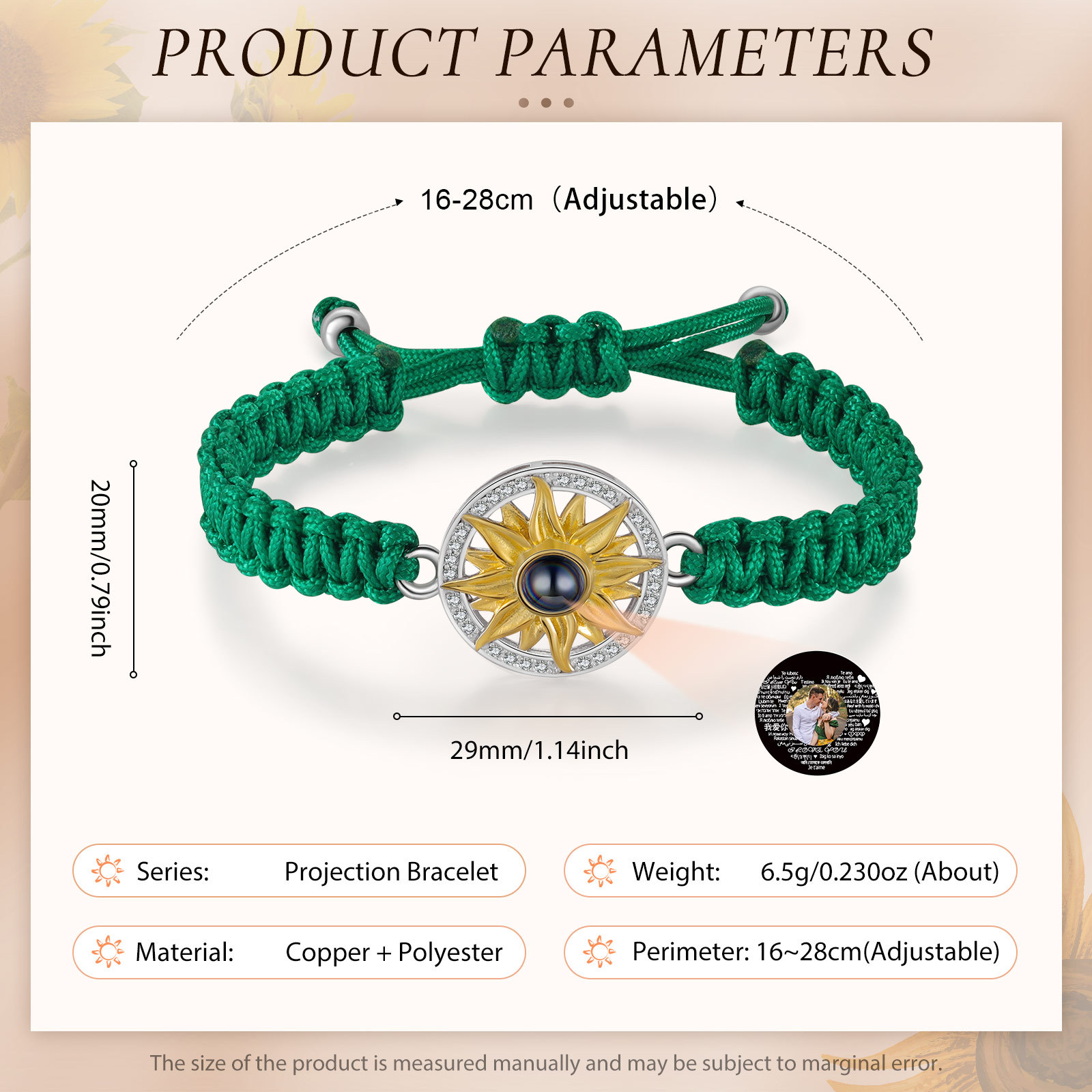 Pulsera con proyección de foto con dije de girasol cuerda verde-Jessemade ES