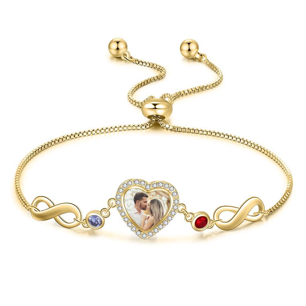 Pulsera para mujer con Corazón de 1 Foto Personalizada y con 2 Infinito de Nombres con 2 Piedras de Nacimiento