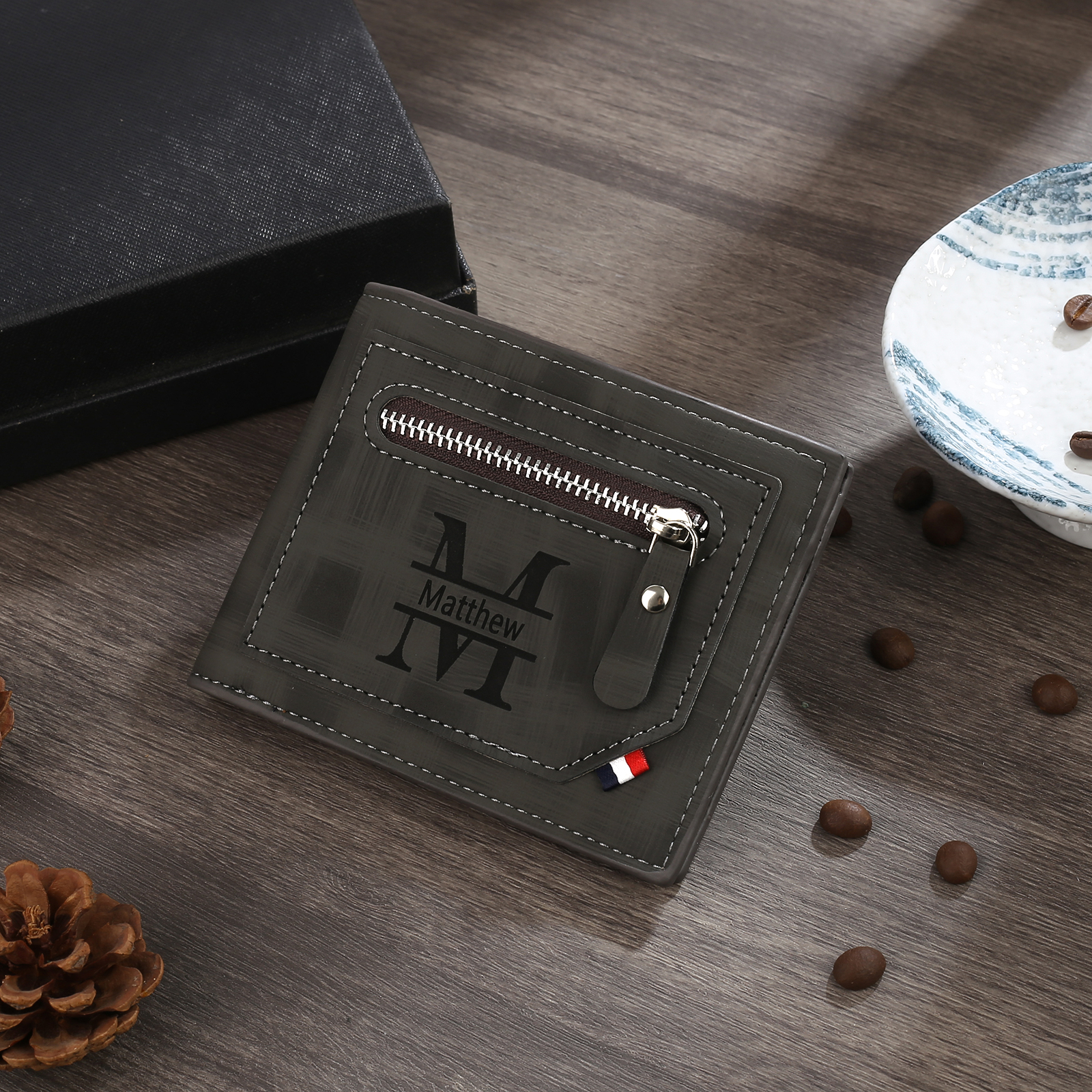 Cartera, billetera personalizada con 1 foto, 1 nombre y 1 letra monedero para hombre-Jessemade ES