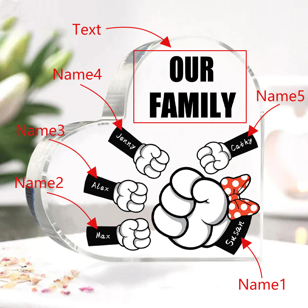 A mi mamá/abuela-Placa de acrílico "Puños" en forma de corazón 5 nombres y 1 texto personalizados-Jessemade ES