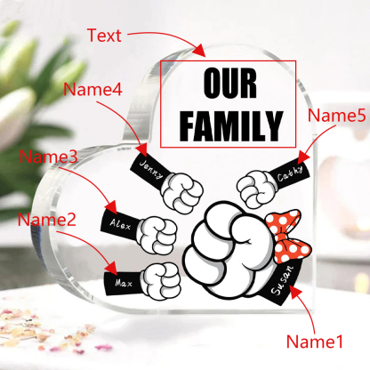 A mi mamá/abuela-Placa de acrílico "Puños" en forma de corazón 5 nombres y 1 texto personalizados-Jessemade ES