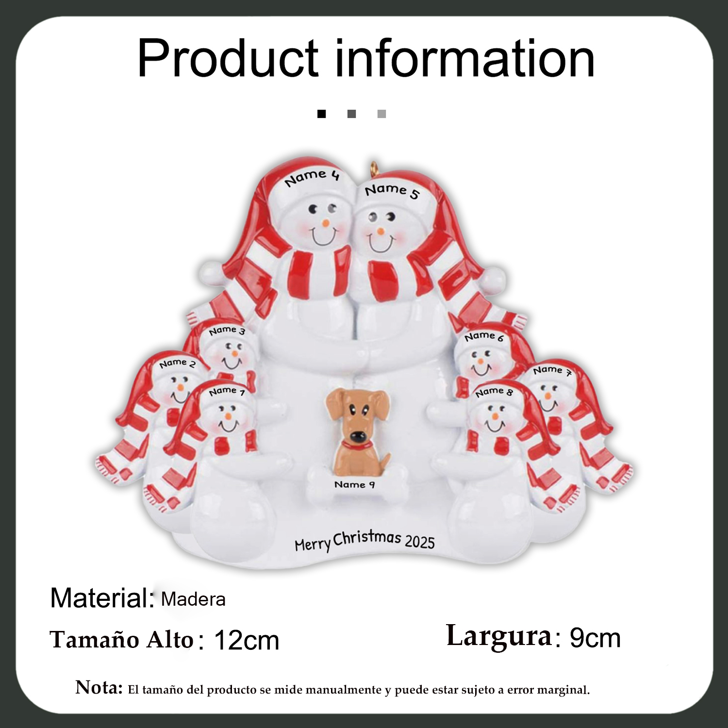 Navidad-Muñecos Ornamentos Navideños Familia con Perro 3 Nombres con Texto Personalizados Adorno de Madera