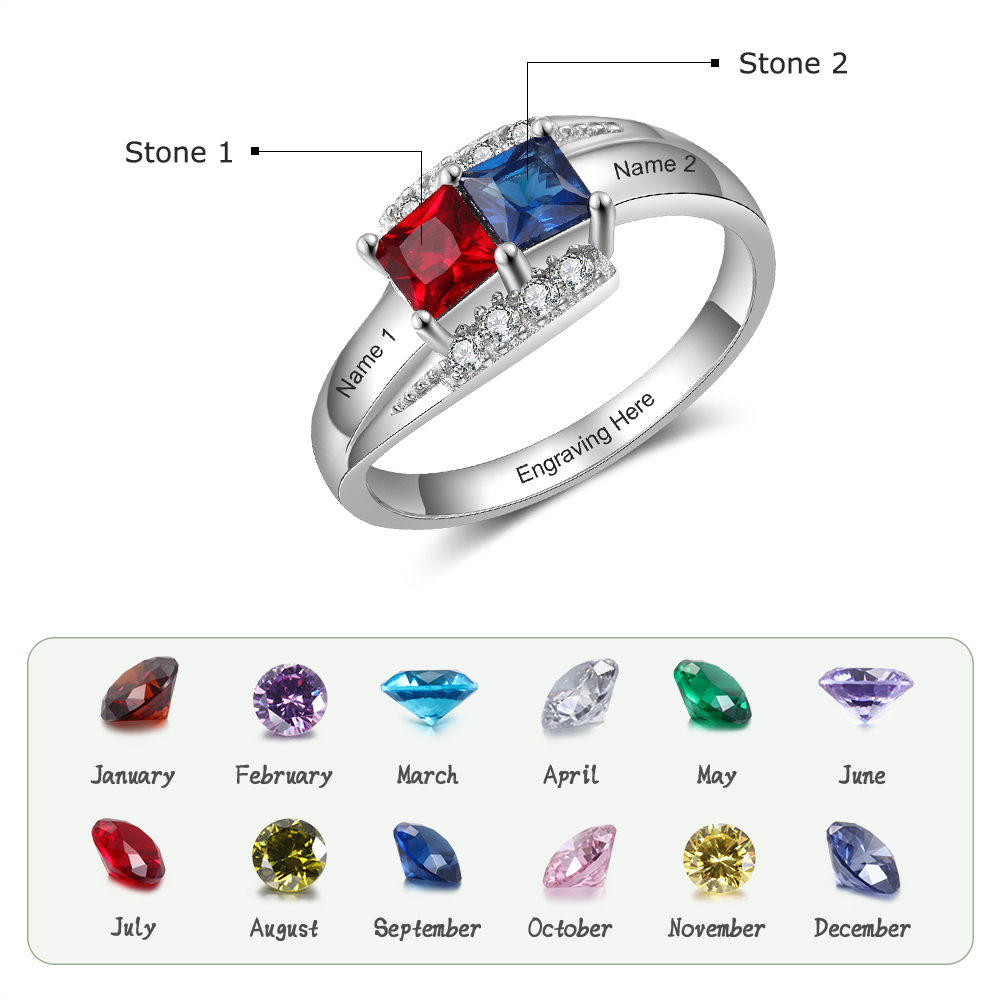 Anillo de Plata 925 2 Nombres Personalizados con 2 Piedras de Nacimiento