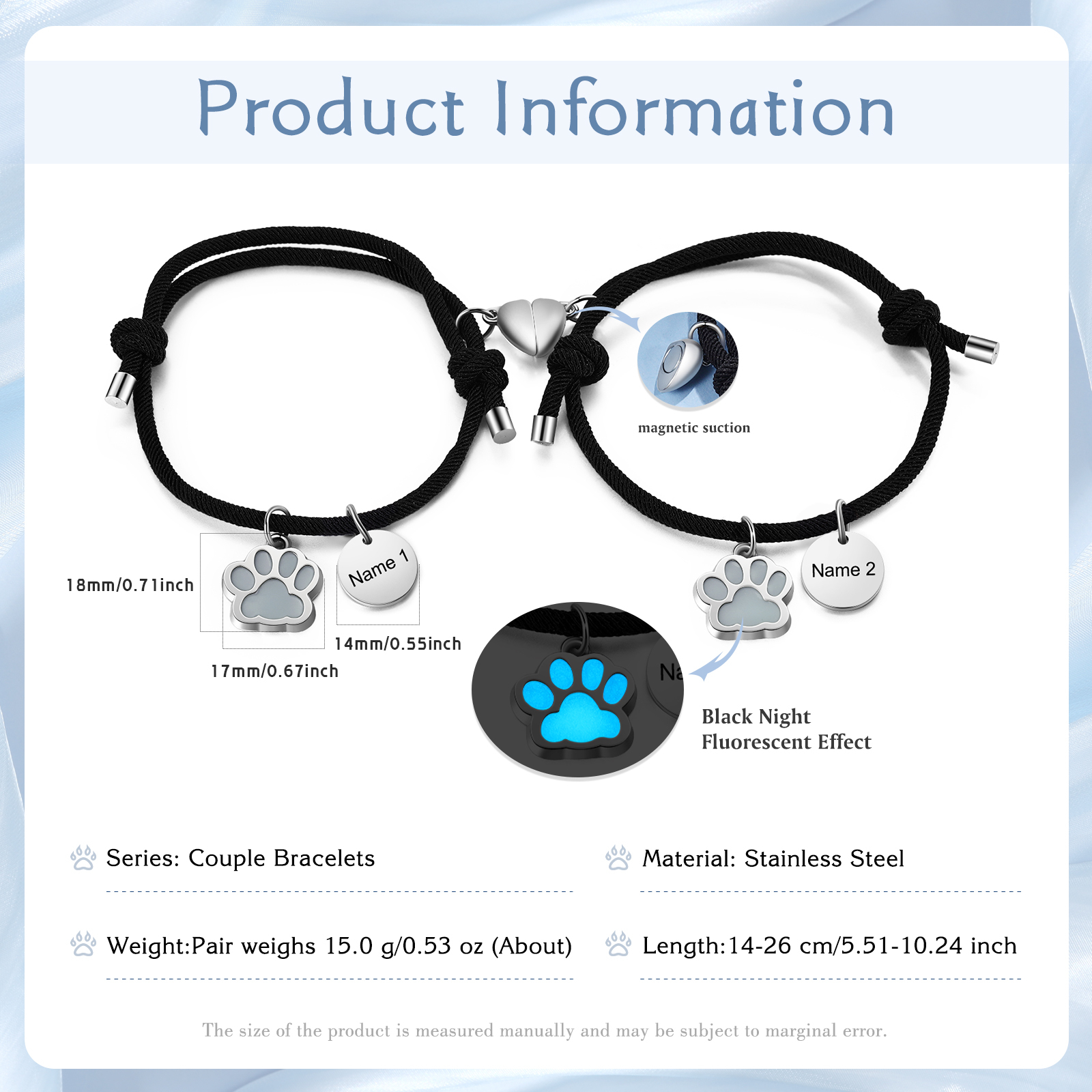 Pulsera para pareja de pata fluorescente 2 nombres personalizados con dije de corazón magnético-Jessemade ES