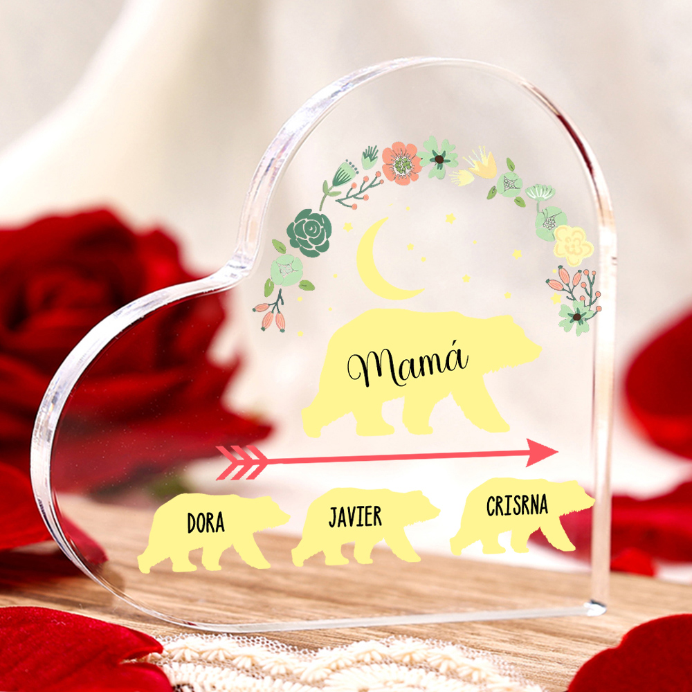 A mi mamá-Placa de acrílico en forma de corazón osos 1-6 nombres personalizados-Jessemade ES