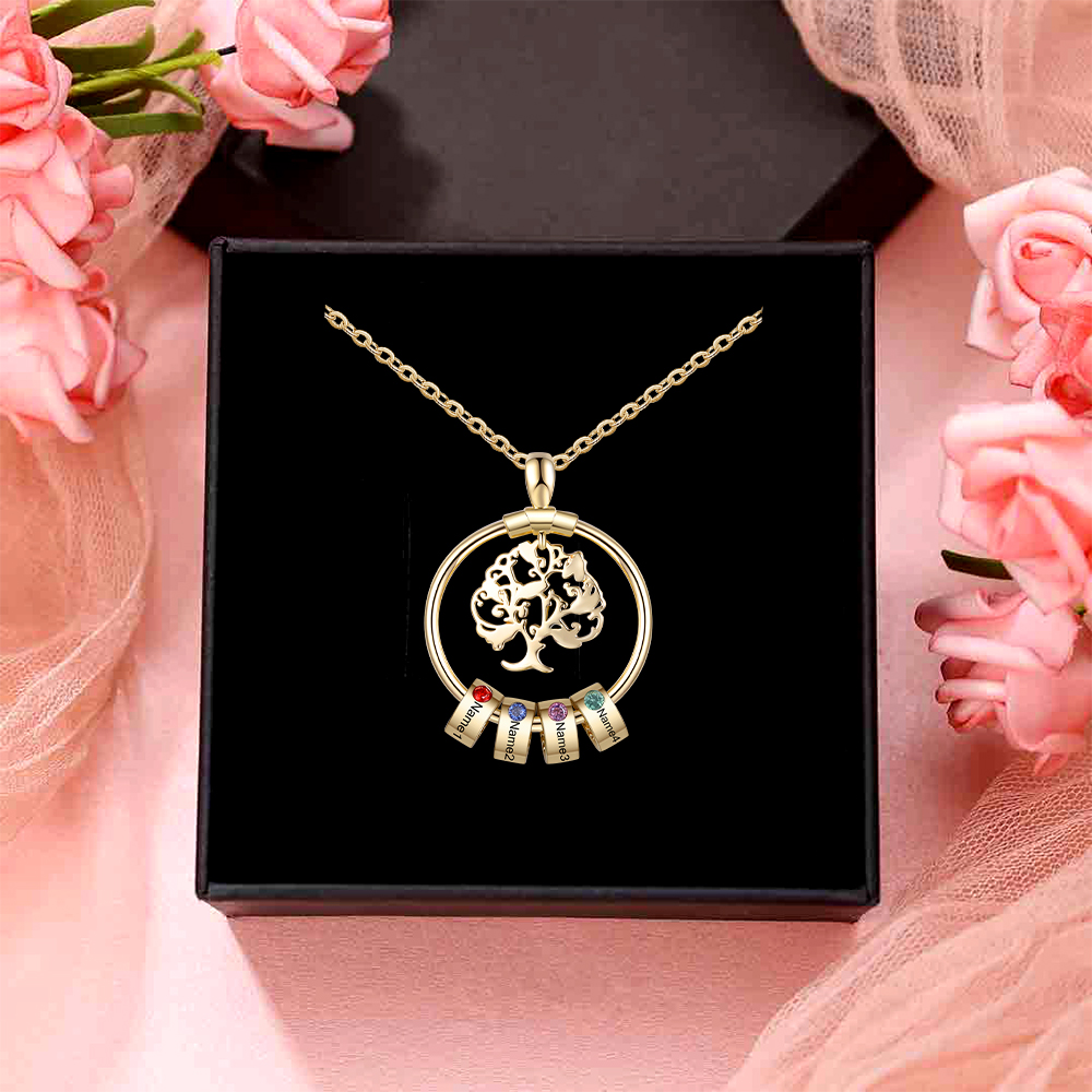 Collar con 1-5 círculos 1-5 piedras de nacimiento y nombres colgante de árbol de la vida oro-Jessemade ES