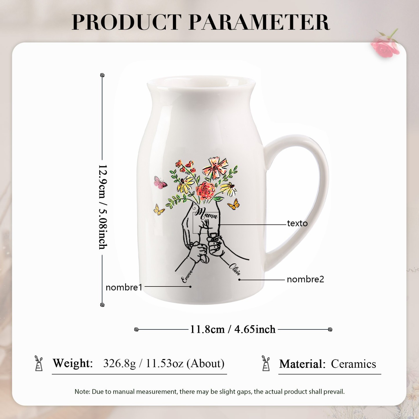 Florero de cerámica mano y manitos 2-8 nombres personalizados con texto decoración del hogar-Jessemade ES