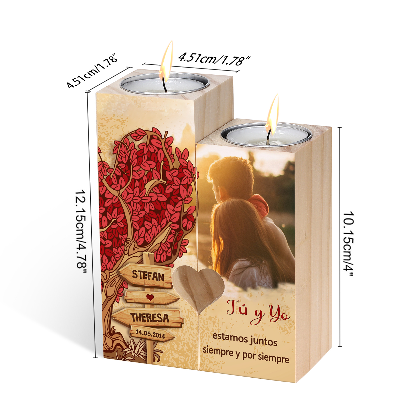 Candelero para pareja de madera de dos piezas sin candela con 2 nombres, fecha y foto personalizados-Jessemade ES