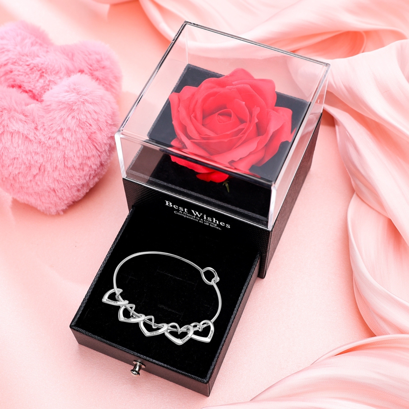 Pulsera con 5 nombres personalizados en 5 dijes de corazón-Jessemade ES
