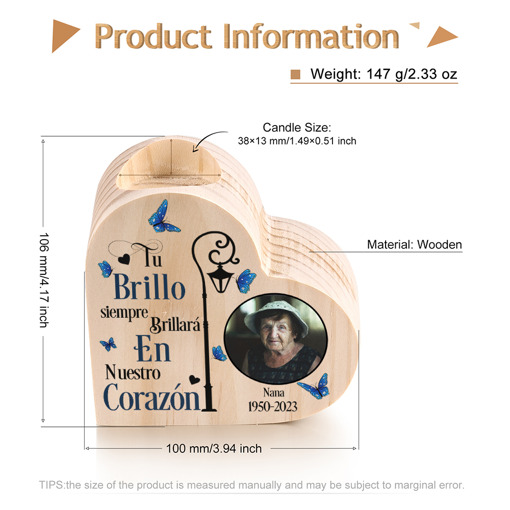 Candelero de corazón en memoria de ser querido de madera foto, nombre y año personalizados sin vela