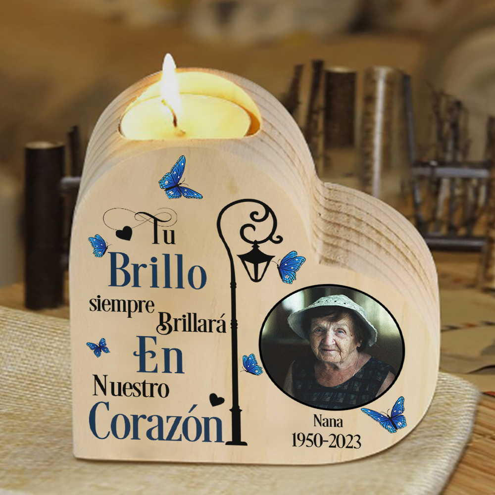 Candelero de corazón en memoria de ser querido de madera foto, nombre y año personalizados sin vela