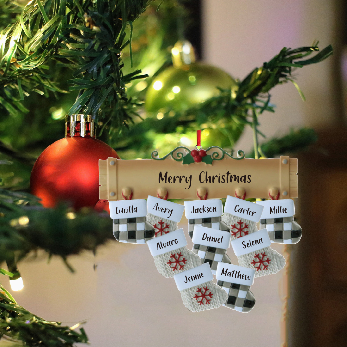 Navidad-Ornamento muñecos navideño de madera calcetines 10 nombres y 1 texto personalizados adorno del árbol-Jessemade ES