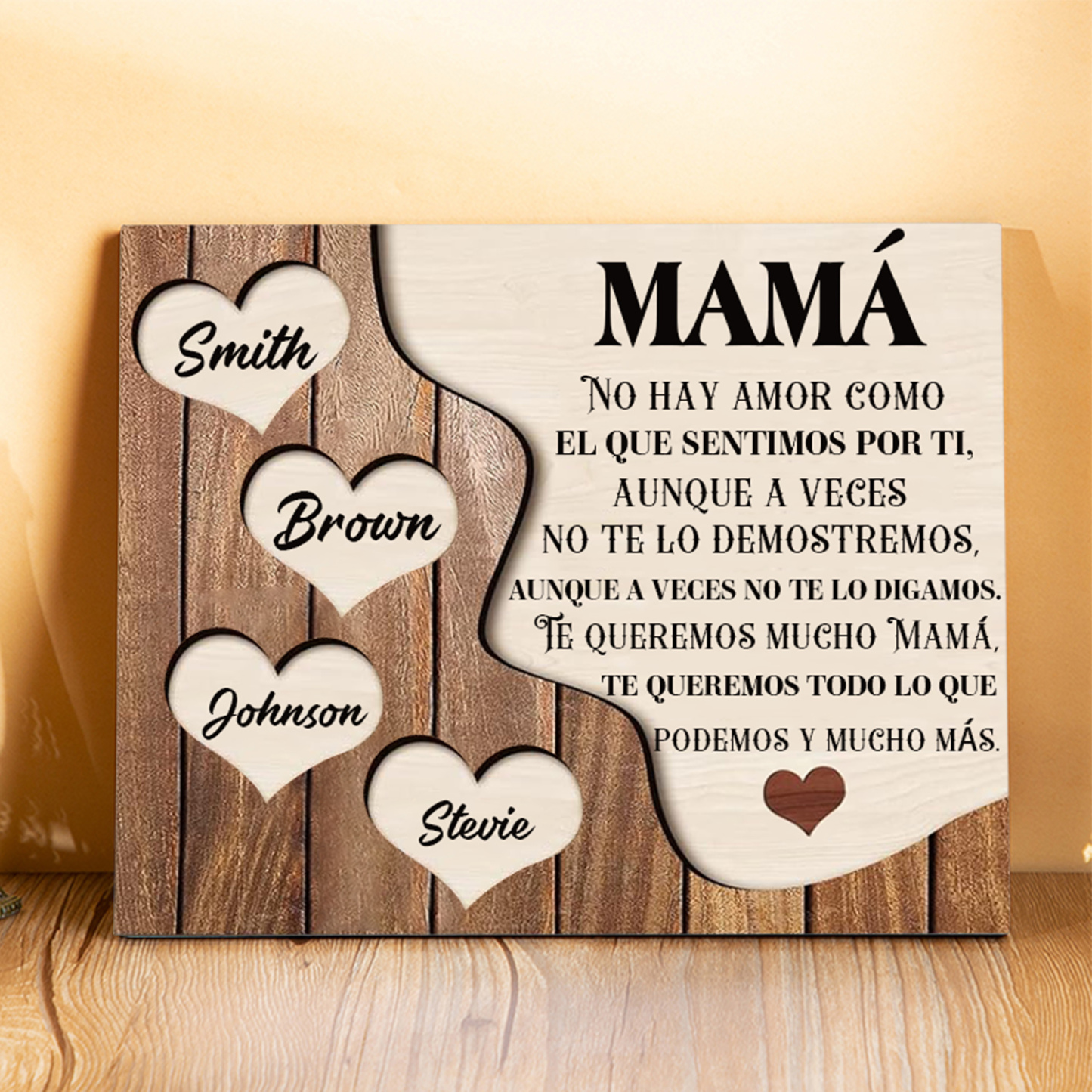 A mi mamá - Lámina 2-8 nombres personalizados marco de madera cara y corazones-Jessemade ES