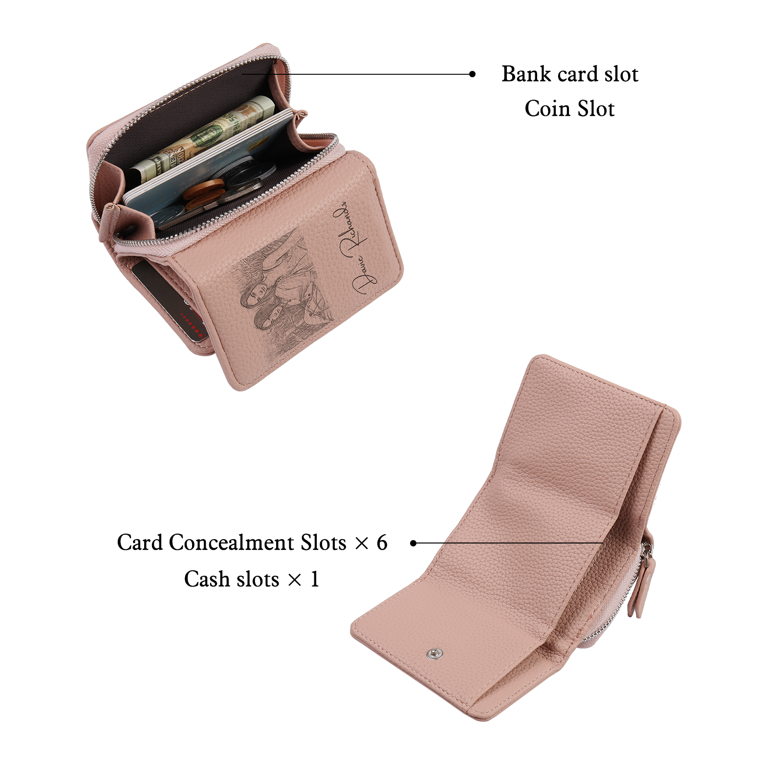 Cartera, billetera con 1 texto y 1 foto personalizados monedero clásico para mujer