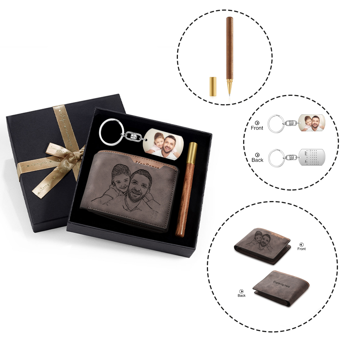 Kit de regalo-Llavero, cartera y bolígrafo con fecha y texto personalizados con 2 fotos para hombre-Jessemade ES