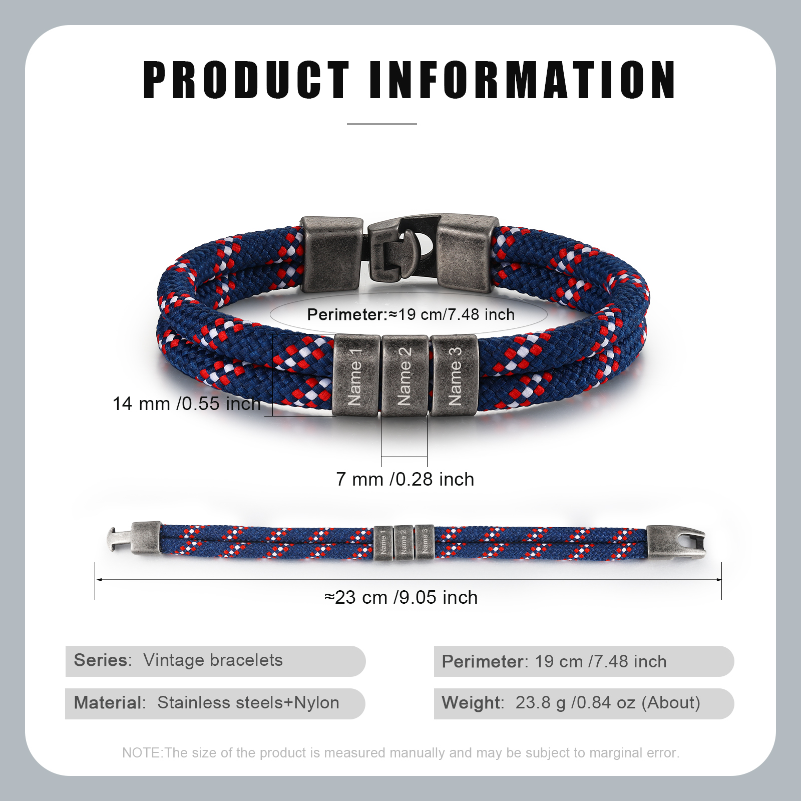 2-4 Nombres Personalizados Pulsera de Cuerda Azul Marino con Rojo y Blanco Aros de Acero Inoxidable-Jessemade ES