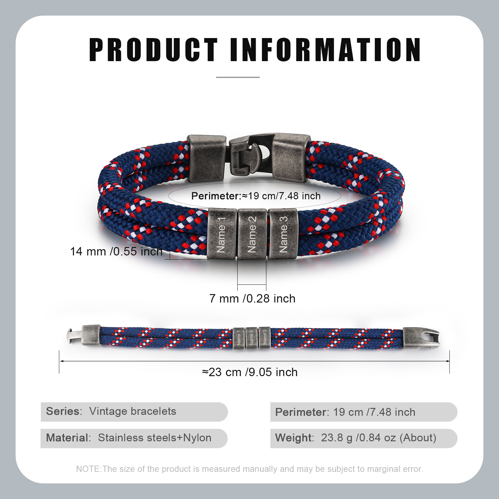 2-4 Nombres Personalizados Pulsera de Cuerda Azul Marino con Rojo y Blanco Aros de Acero Inoxidable-Jessemade ES
