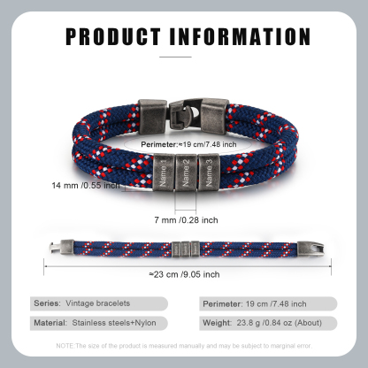 2-4 Nombres Personalizados Pulsera de Cuerda Azul Marino con Rojo y Blanco Aros de Acero Inoxidable-Jessemade ES