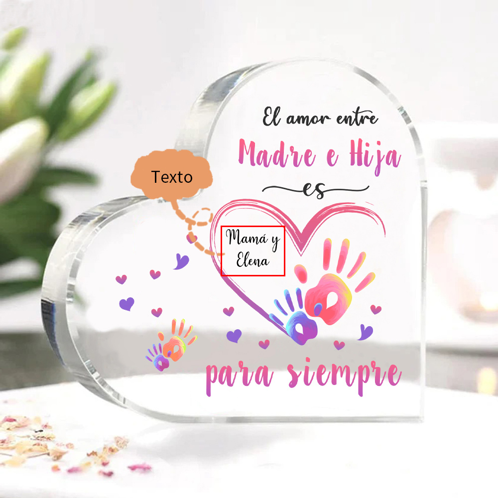 A mi mamá-Placa de acrílico en forma de corazón mano y manita 1 texto personalizado-Jessemade ES