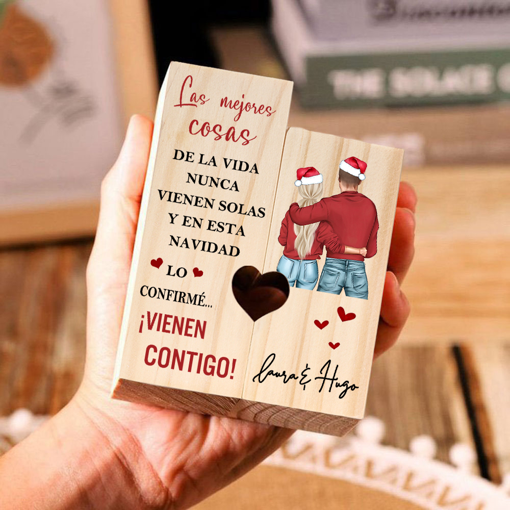 Regalo de Navidad-Candelero para pareja de madera de dos piezas sin candela con nombres personalizados-Jessemade ES