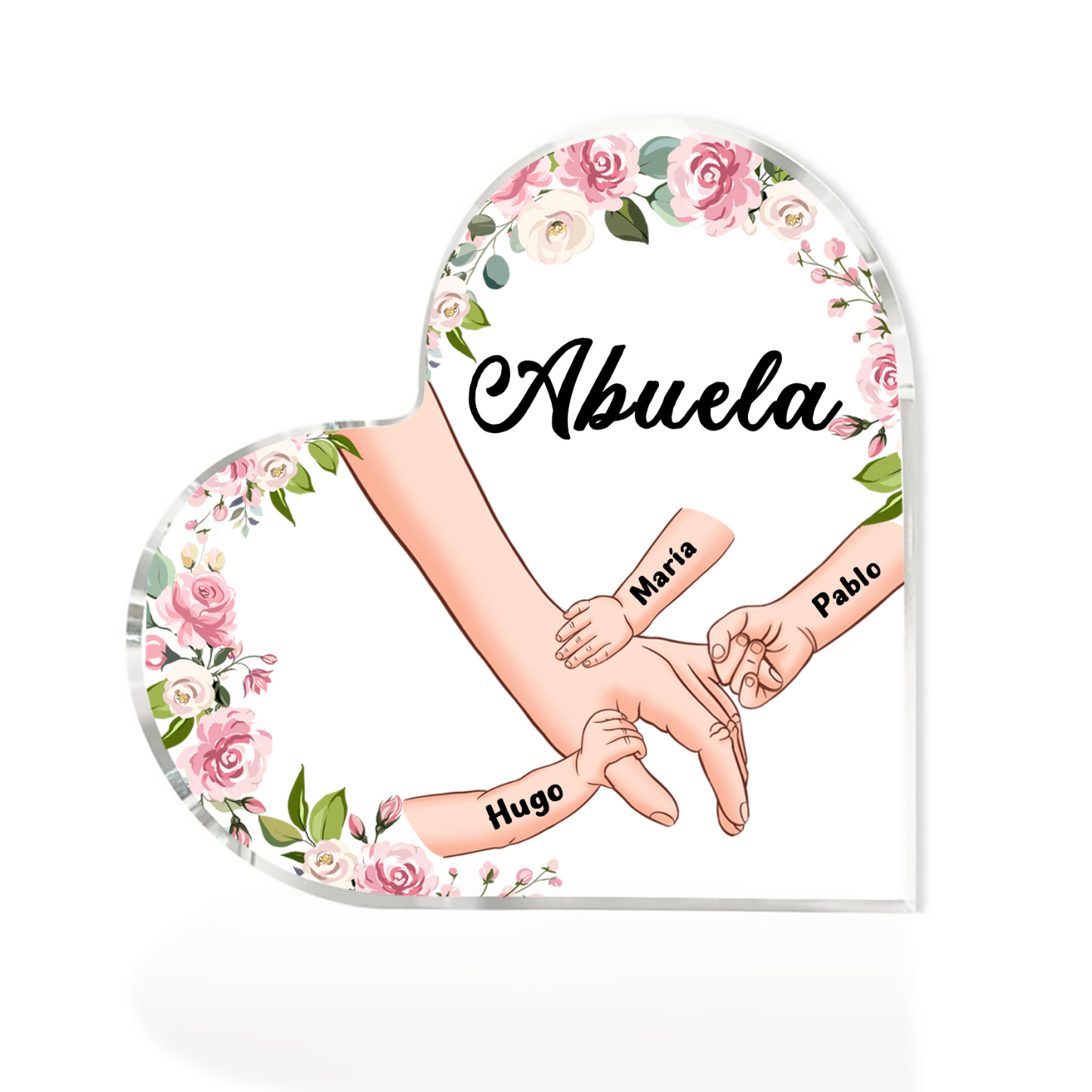 A mi mamá/abuela-Placa de acrílico en forma de corazón mano a mano con 1 texto y 3 nombres personalizados | Jessemade