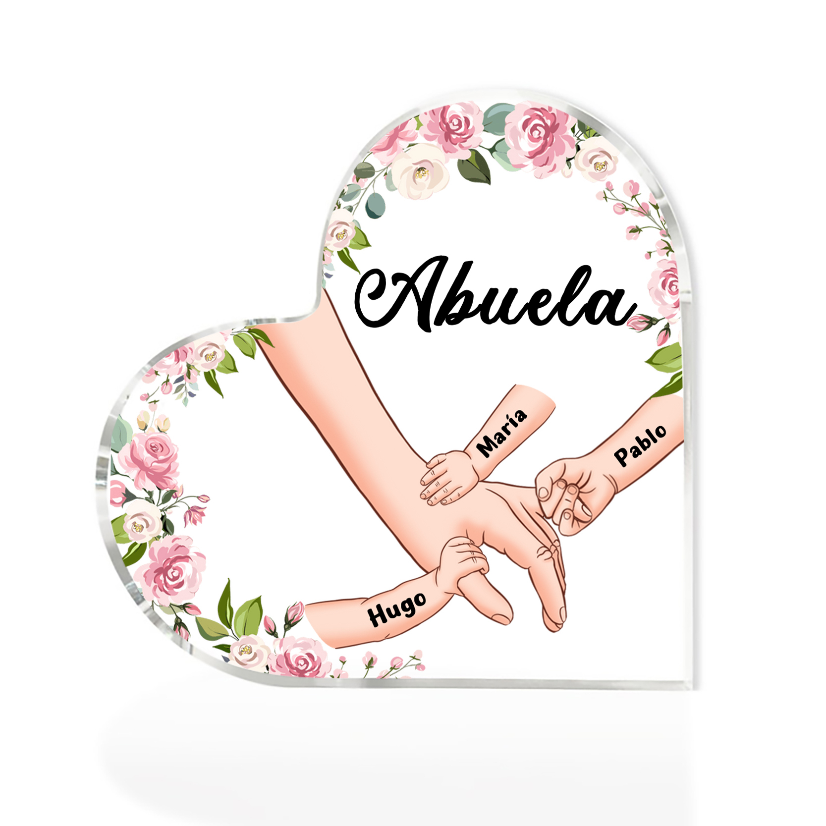 A mi mamá/abuela-Placa de acrílico en forma de corazón mano a mano con 1 texto y 3 nombres personalizados | Jessemade