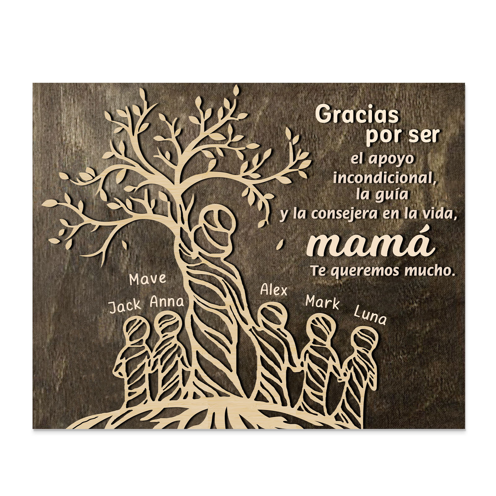 A mi mamá-Lámina mujer de árbol marco de madera personalizado con 6 nombres-Jessemade ES