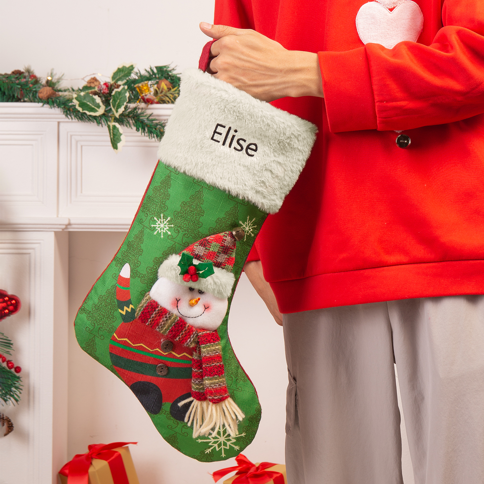 Adornos de medias navideñas con muñeco Bolsa de regalo 1 Nombre personalizado-Jessemade ES