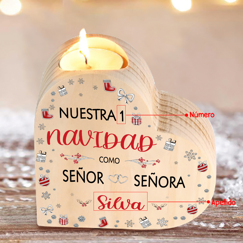 Aniversario de Navidad-Candelero de madera para pareja sin vela personalizado con apellido y número-Jessemade ES