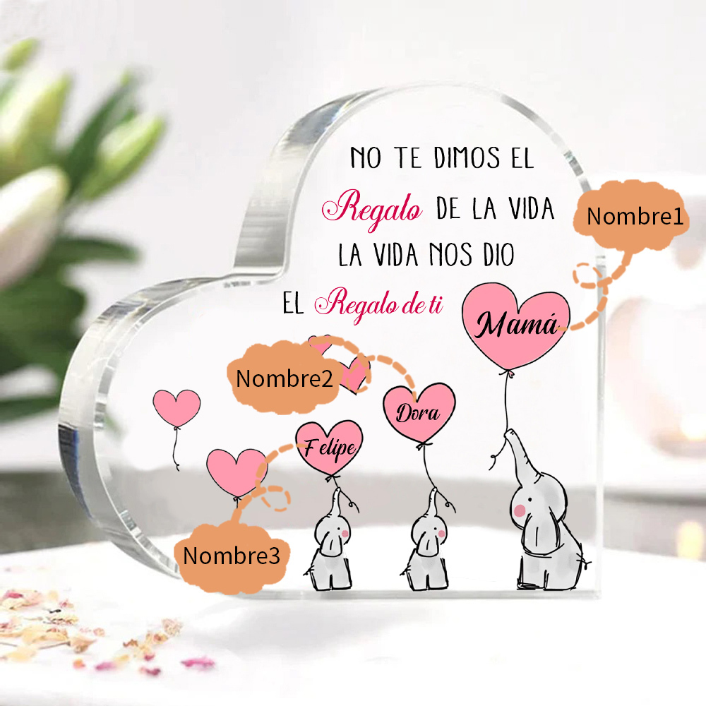 A mi mamá/abuela-Placa de acrílico en forma de corazón elefantes 2-5 nombres personalizados-Jessemade ES