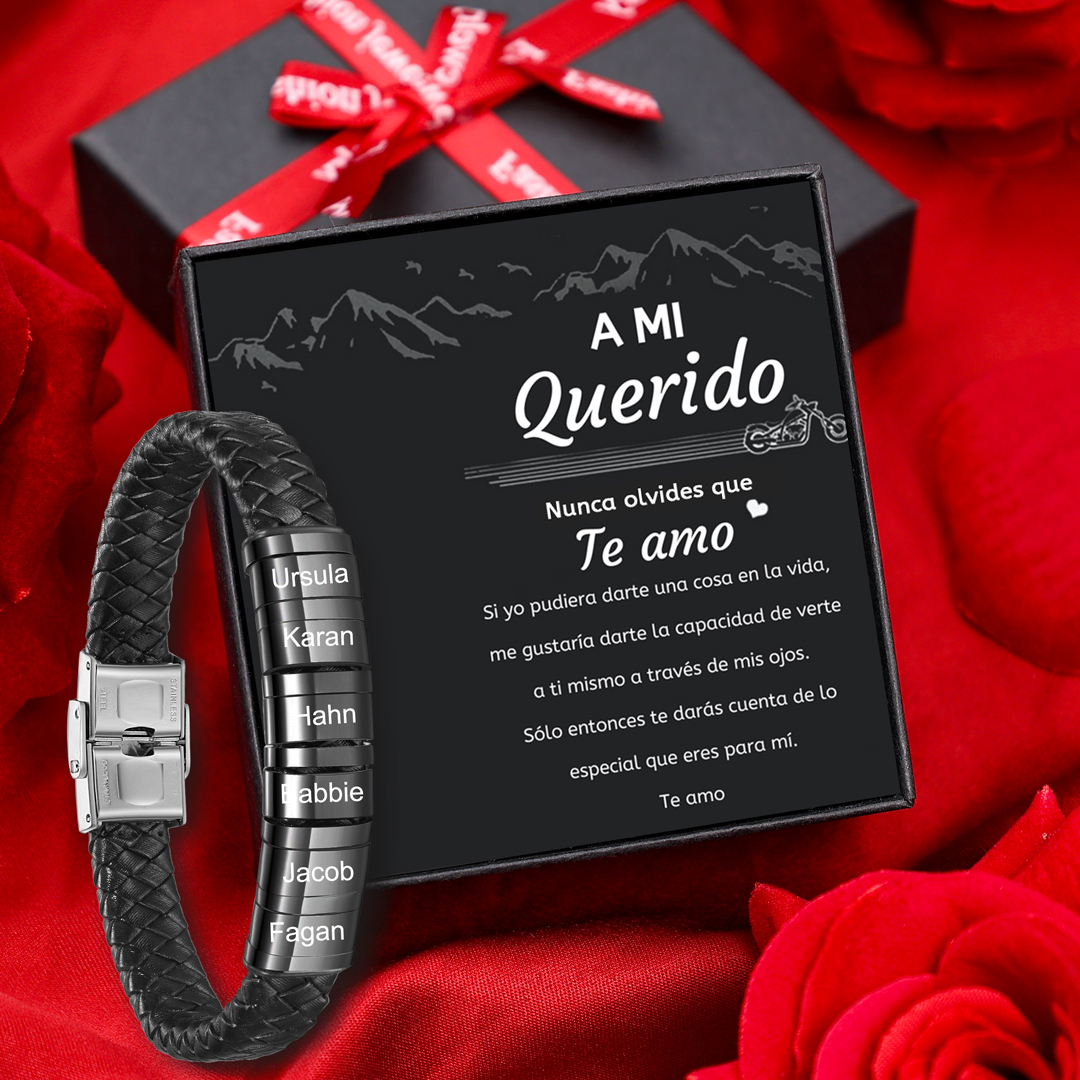 A mi querido-Pulsera de cuero trenzado de hombre con 6 perlas personalizadas con 6 nombres-Jessemade ES