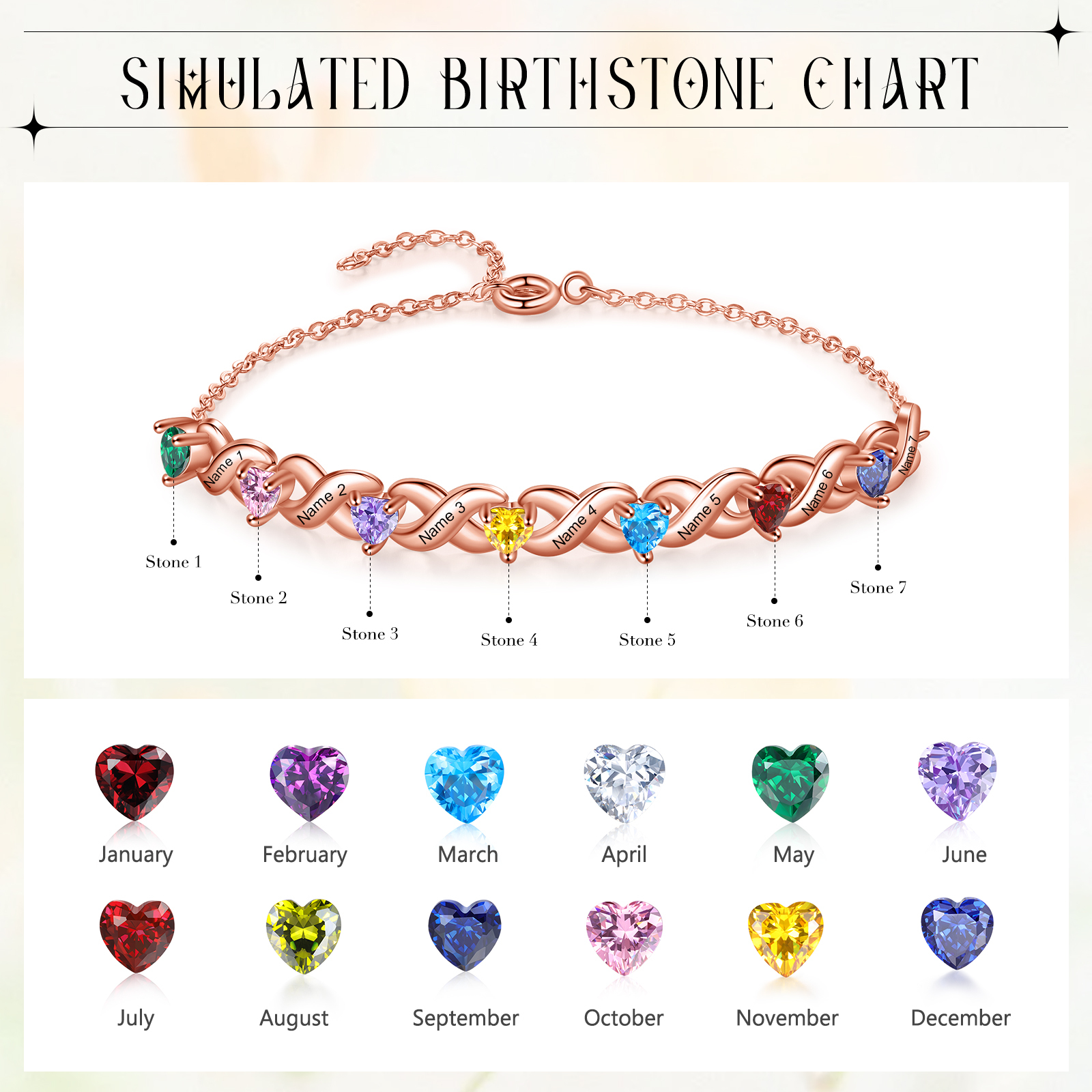 Pulsera infinito personalizada con 7 nombres y 7 piedras de nacimiento de corazón -Jessemade ES
