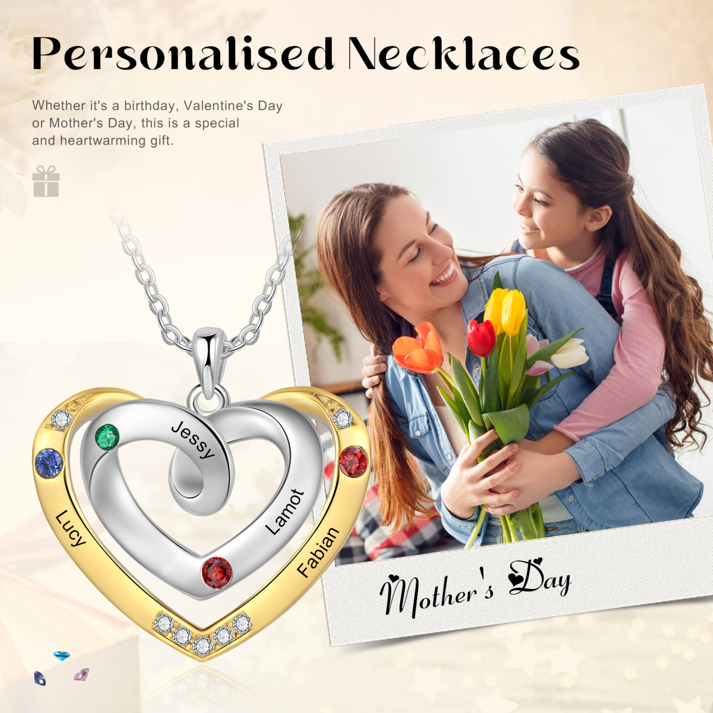 Collar de corazón con 4 nombres y piedras de nacimiento personalizados-Jessemade ES