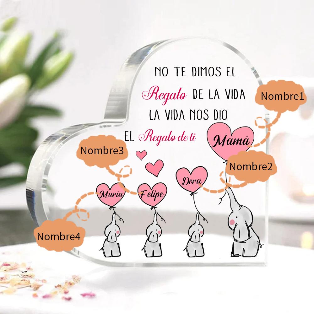 A mi mamá/abuela-Placa de acrílico en forma de corazón elefantes 2-5 nombres personalizados-Jessemade ES