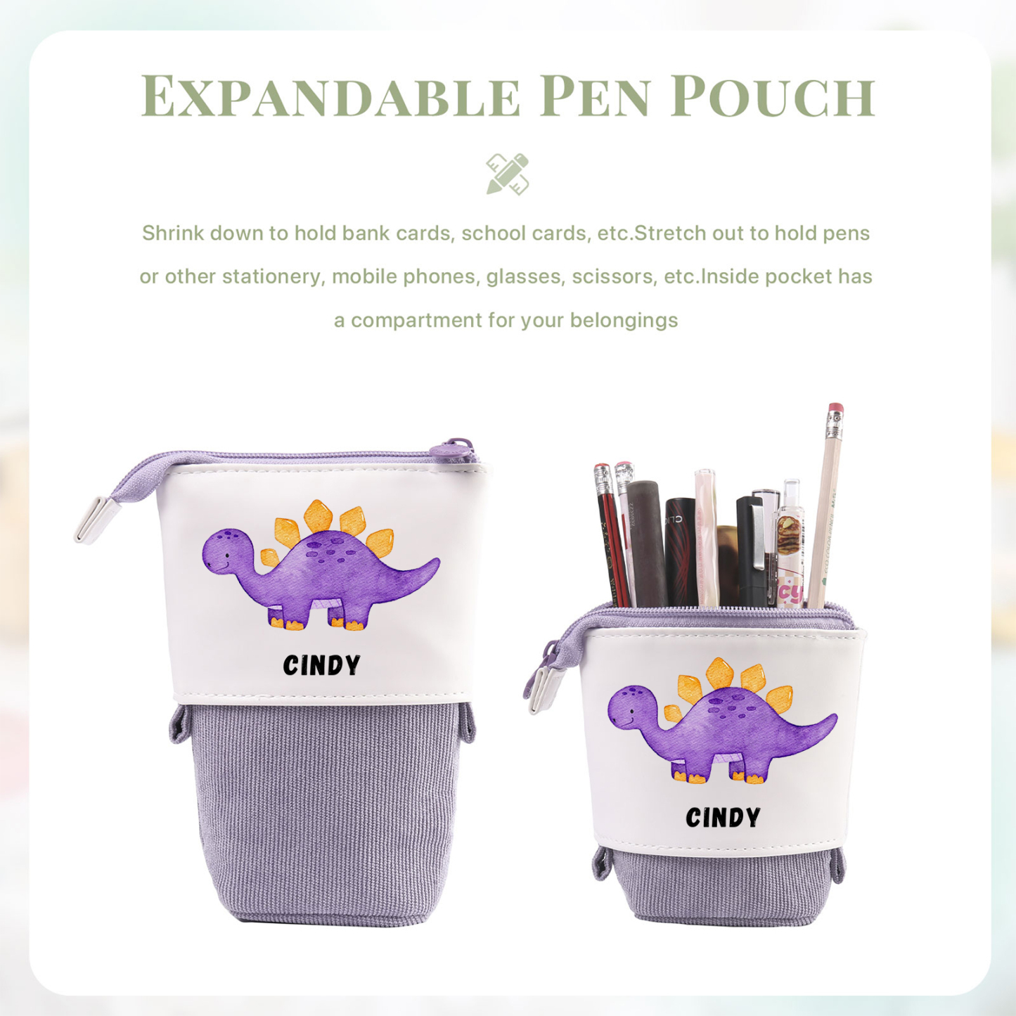 Estuche personalizado con nombre con diseños coloridos de dinosaurio para niños