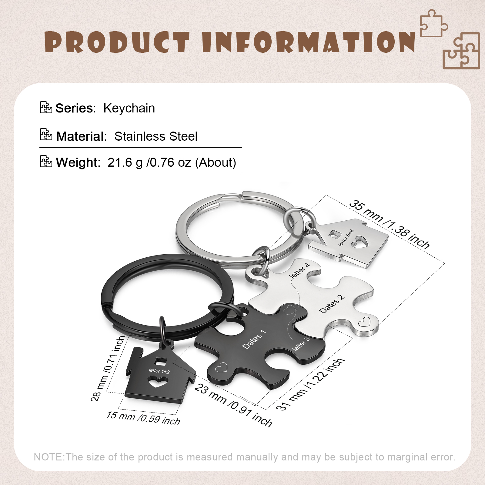 Llavero para pareja rompecabezas 2 letras personalizadas con fecha dije de casa-Jessemade ES