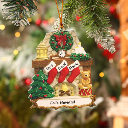 Navidad-Ornamento navideño de madera chimenea y calcetines con 3 nombres y 1 texto personalizados