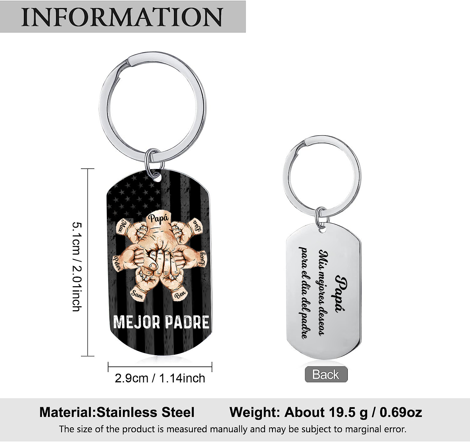 A mi papá-Llavero 1-7 Nombres Personalizados Puño con Puño-Jessemade ES