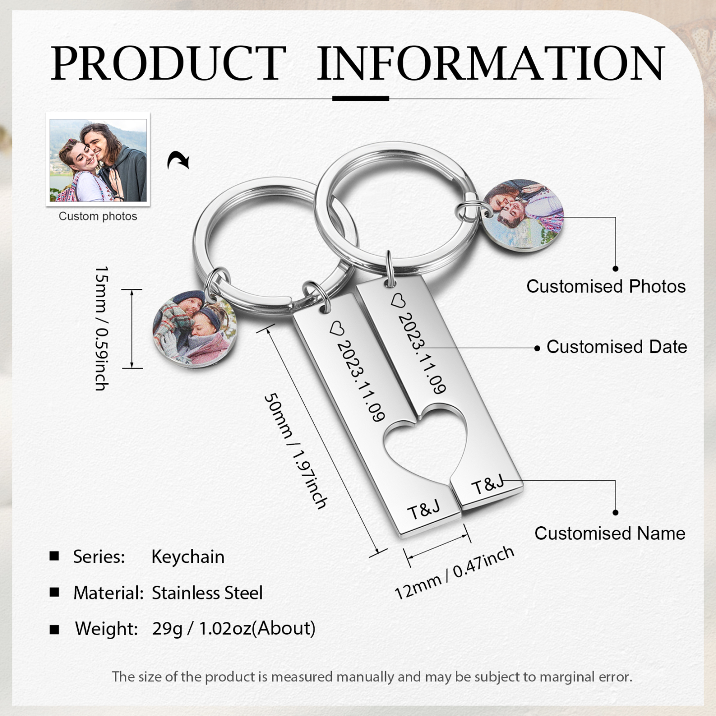 Llavero para pareja corazón encajado 2 letras personalizadas con fecha dije de foto-Jessemade ES