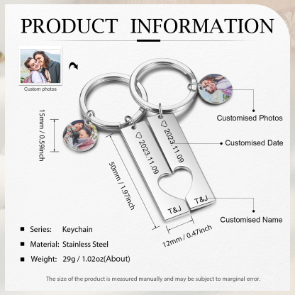 Llavero para pareja corazón encajado 2 letras personalizadas con fecha dije de foto-Jessemade ES