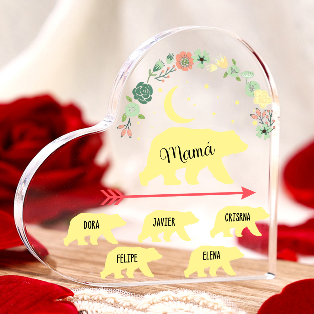 A mi mamá-Placa de acrílico en forma de corazón osos 1-6 nombres personalizados-Jessemade ES