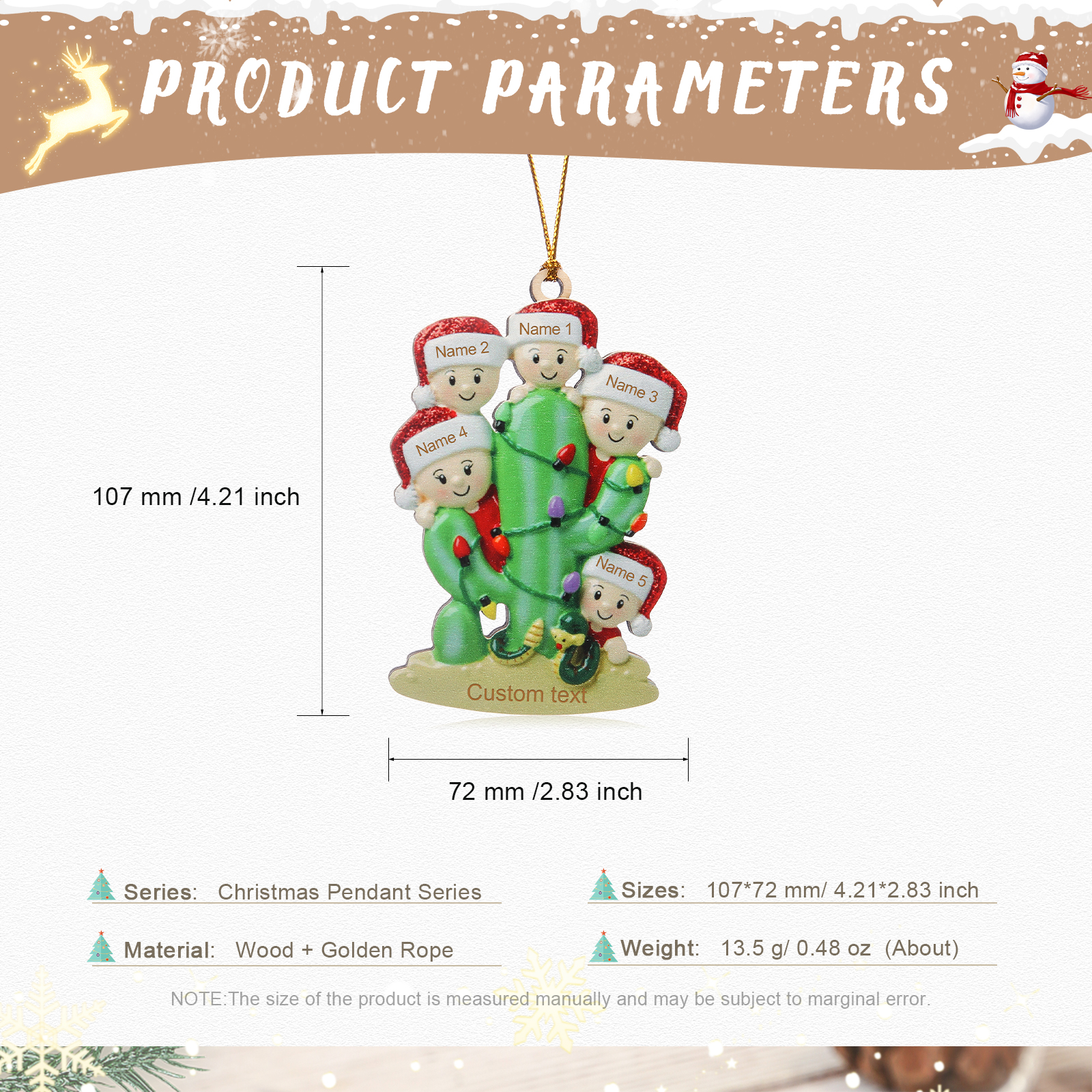Navidad-Ornamento muñecos navideño de madera cactus 5 nombres y 1 texto personalizados adorno del árbol-Jessemade ES