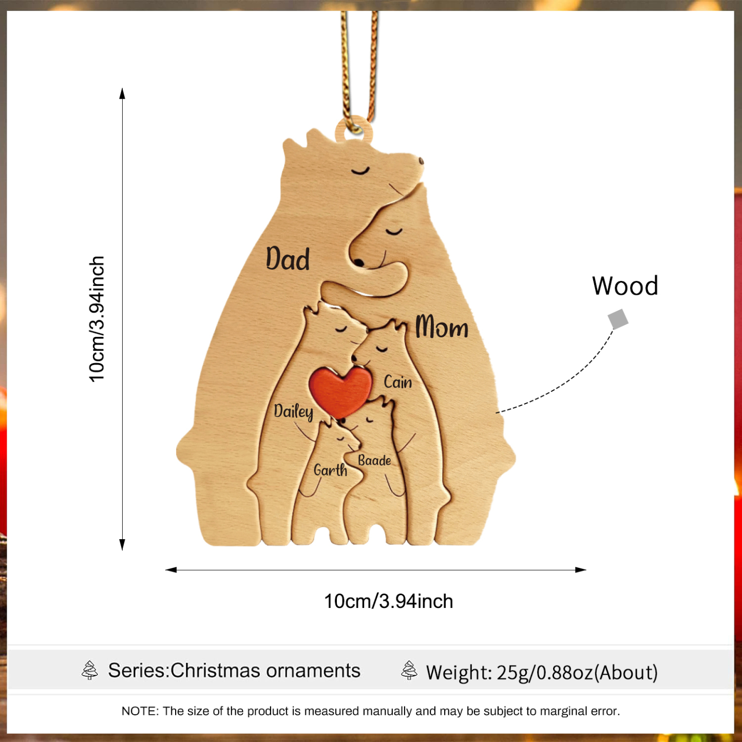 Navidad-Ornamento muñecos navideño de madera familia de canguros 6 nombres personalizados adorno del árbol-Jessemade ES