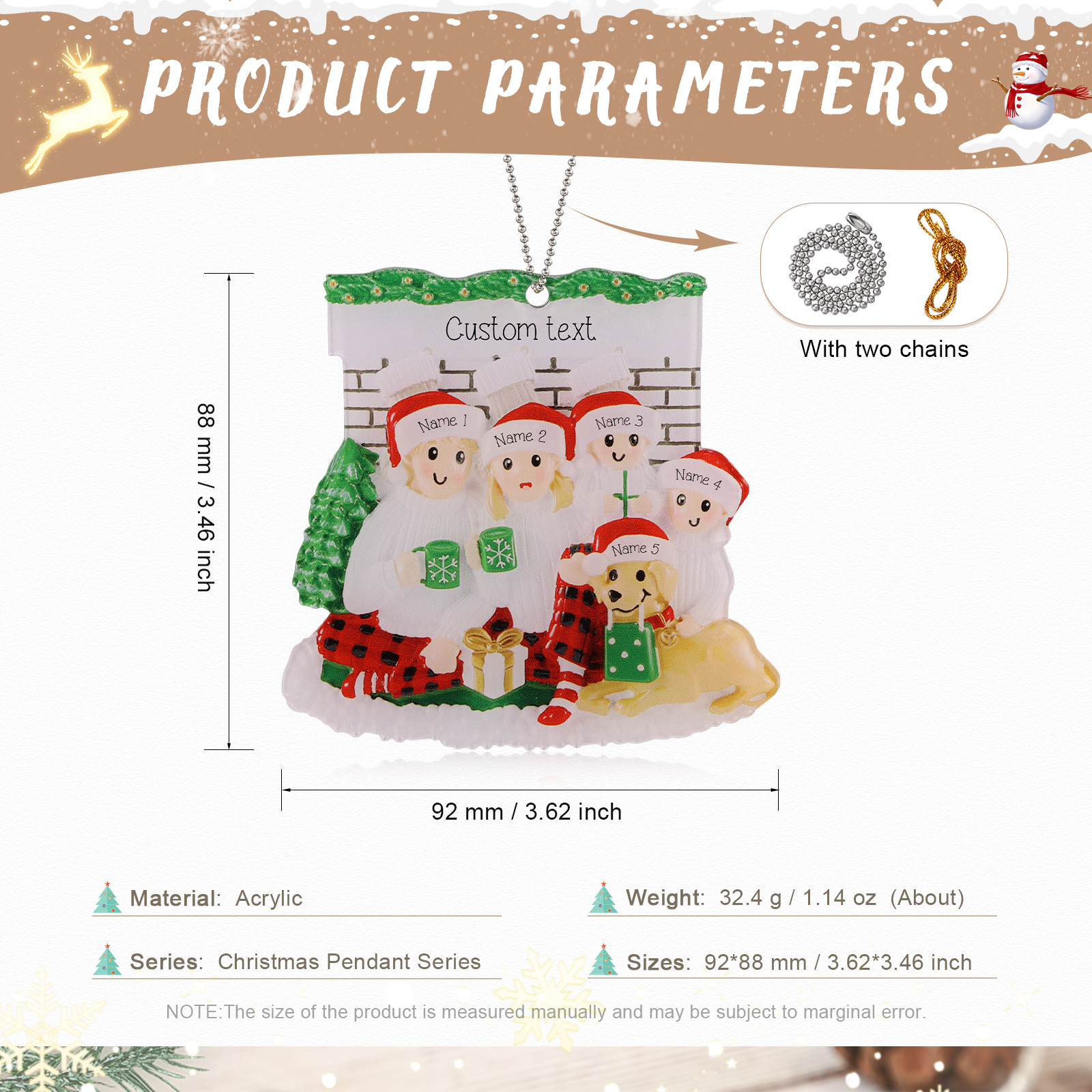 Navidad-Muñecos Ornamentos Navideños Familia con Perro 5 Nombres y Texto Personalizados