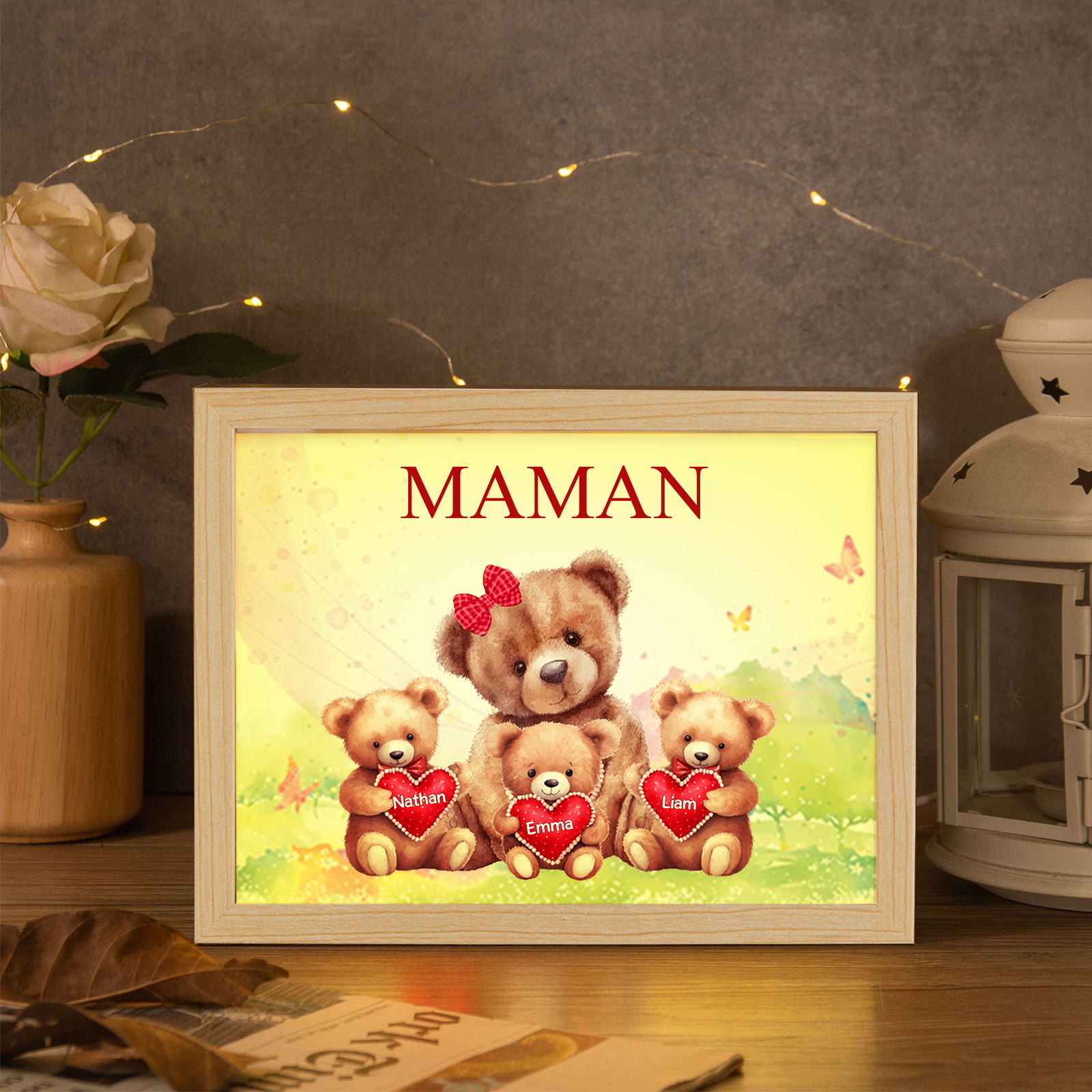 Marco con LED Familia de Osos 1-4 Nombres Personalizados con 1 Texto-Jessemade ES