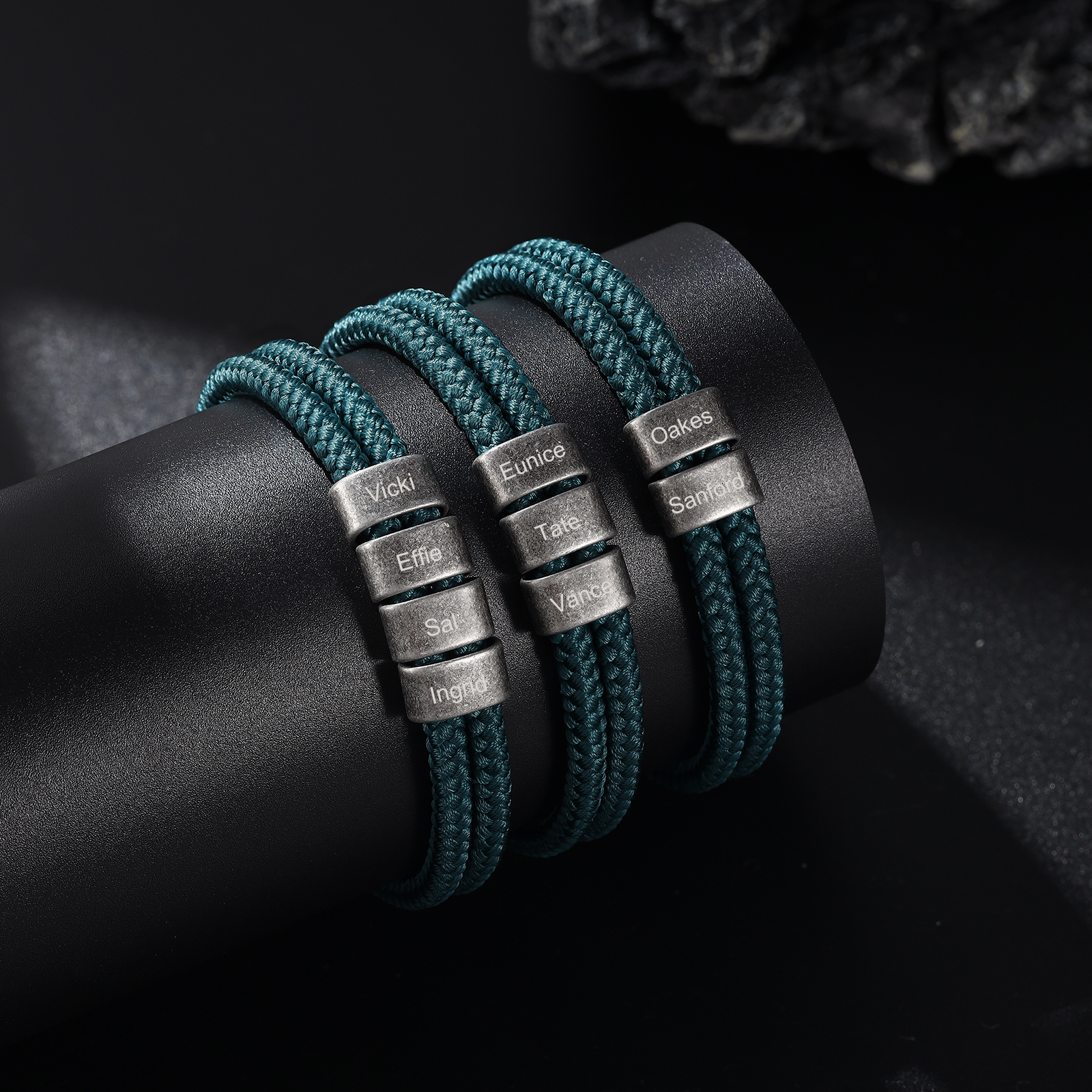 2-4 Nombres Personalizados Pulsera de Cuerda Verde Aros de Acero Inoxidable-Jessemade ES