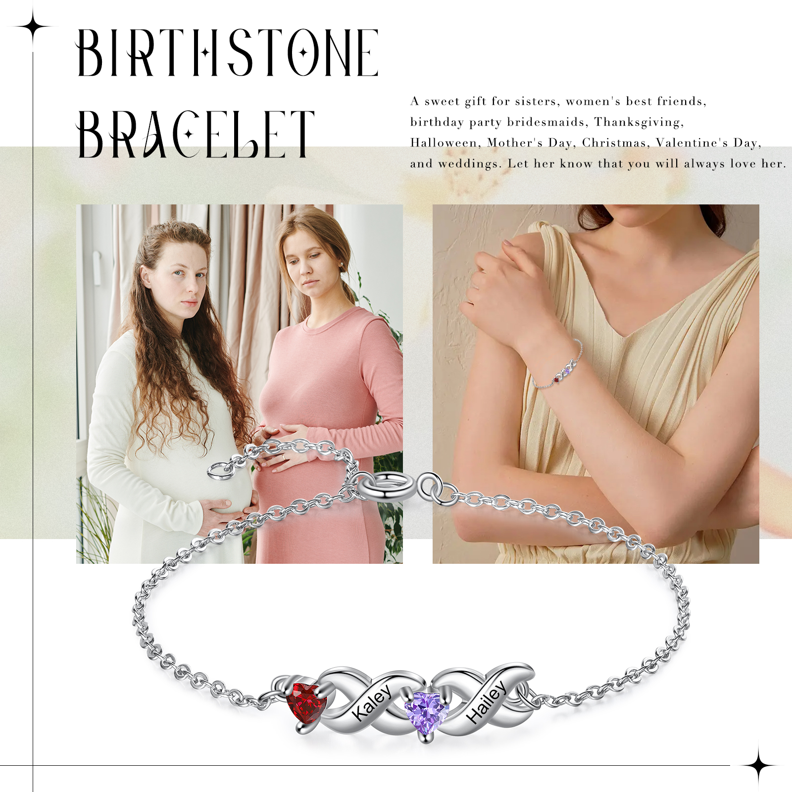 Pulsera infinito personalizada con 2 nombres y 2 piedras de nacimiento de corazón-Jessemade ES